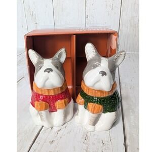 Celebrate Fall Together Salt Pepper Shakers French Bulldog Dog Sweaters NEW